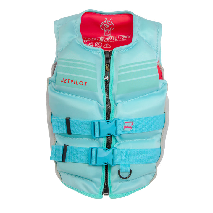 Front view of the Jetpilot Youth Shaun Murray CGA Vest color sky