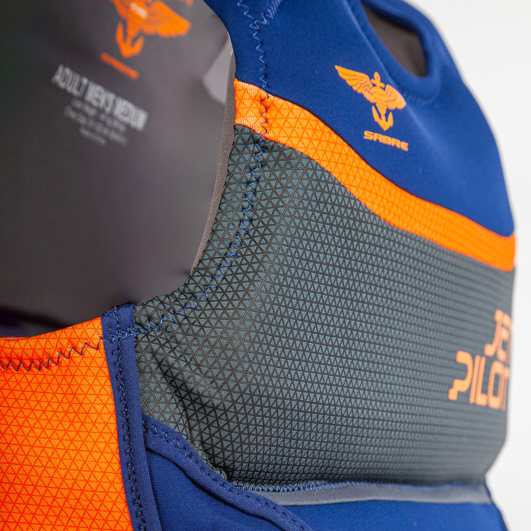 Top front chest view of the F 86 Sabre Neoprene CGA Vest color navy orange
