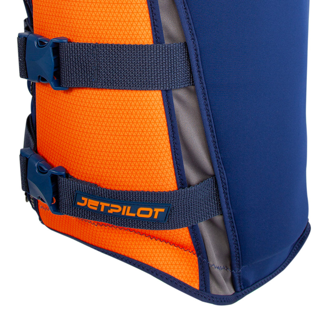 Rear bottom view of the F 86 Sabre Neoprene CGA Vest color navy orange showing the side panels buckles and straps