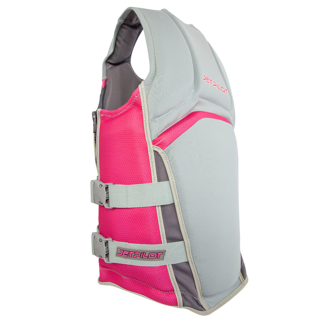 Angle view of the F 86 Sabre Neoprene CGA Vest color silver pink showing the side panel and the hiding straps