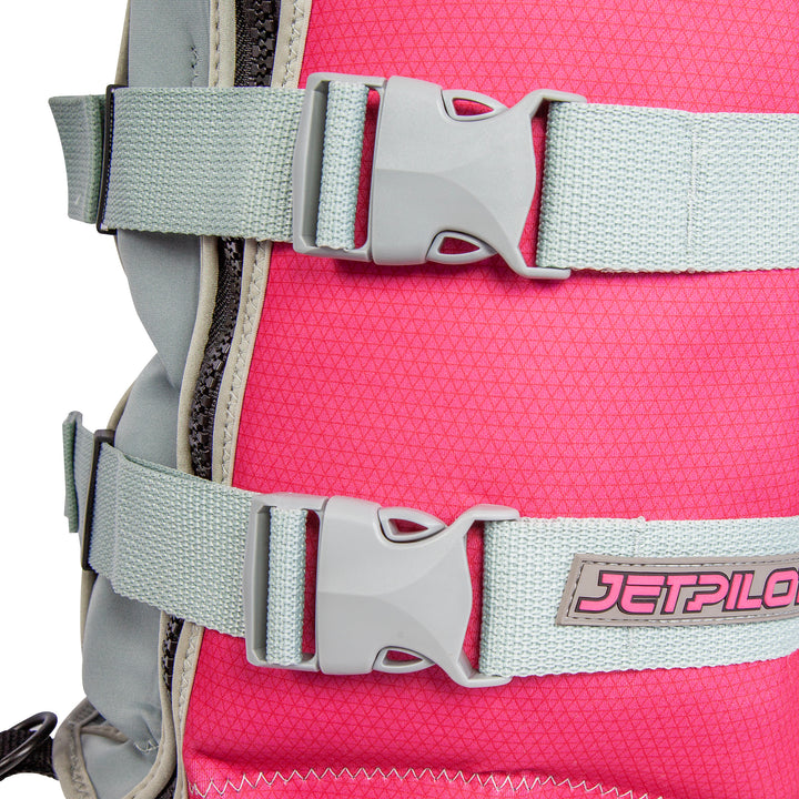 Close up of the F 86 Sabre Neoprene CGA Vest color silver pink showing the buckles and straps