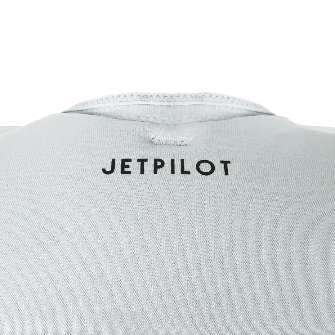 JP24148 Back top view of the Jetpilot Freeboard Comp Vest color gry blk showing the back logo