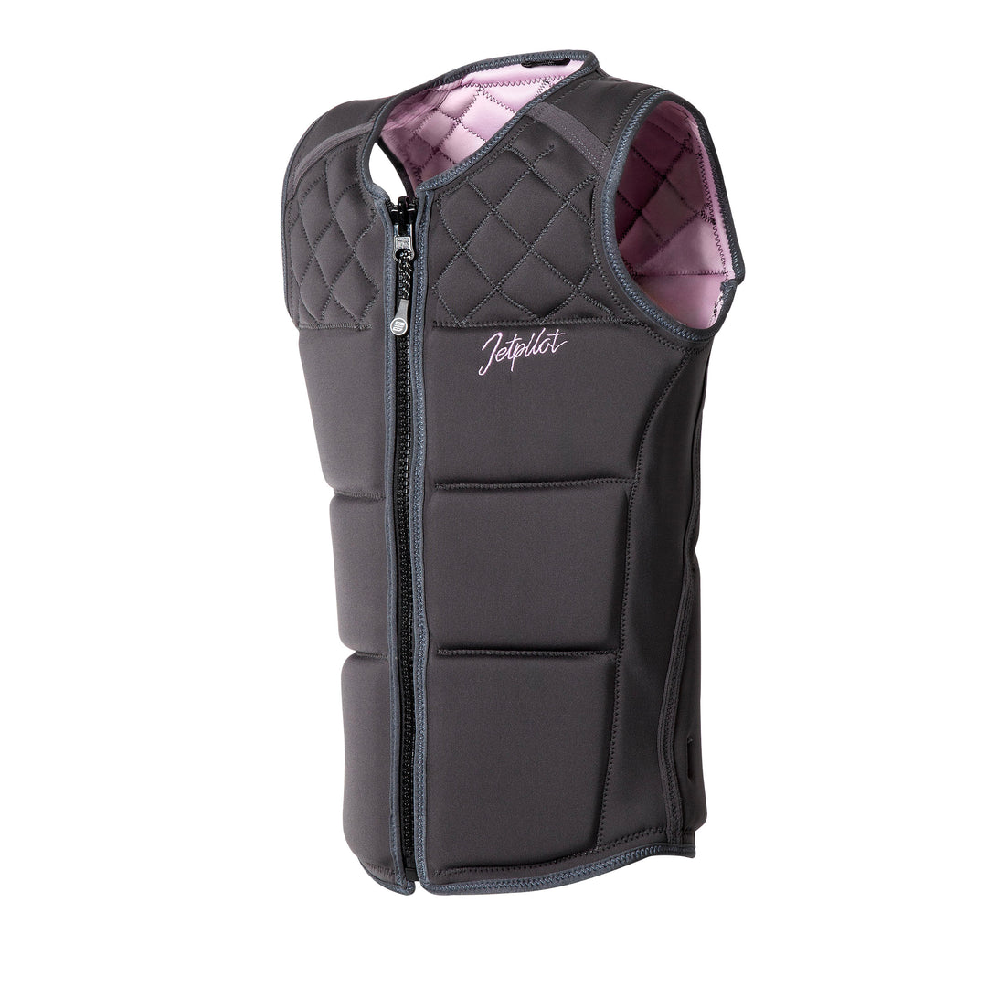 Angle view-outside of the Jetpilot Wave Farer Comp Vest color charcoal-pink