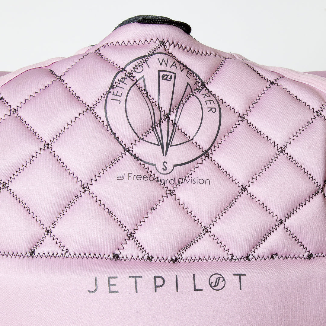 Back top  view inside of the Jetpilot Wave Farer Comp Vest  color charcoal-pink showing the pattern protection and logos