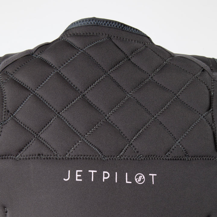 Back top  view outside of the Jetpilot Wave Farer Comp Vest  color charcoal-pink showing the pattern protection