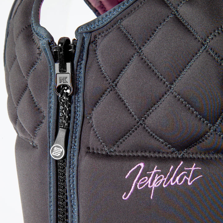 Front top  view outside of the Jetpilot Wave Farer Comp Vest  color charcoal-pink showing the Zipper