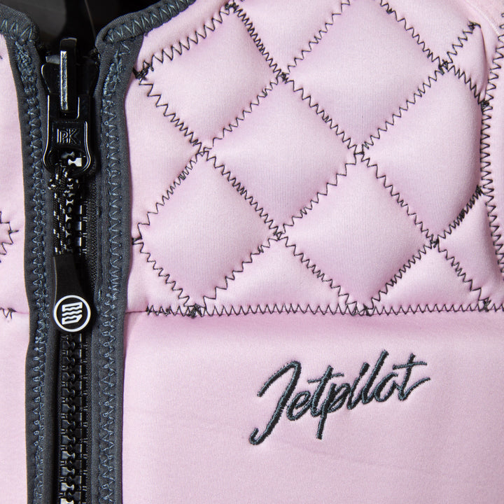 Front top  view inside of the Jetpilot Wave Farer Comp Vest  color charcoal-pink showing the Zipper