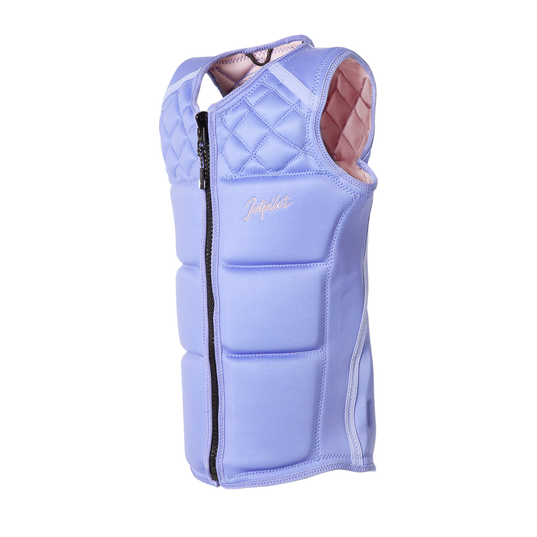 Angle view outside of the Wave Farer comp vest in the Saddle Brown colorway color lavender-pink