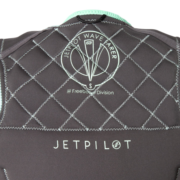 Back view inside of the Jetpilot Wave Farer Comp Vest  color_mint-charcoal showing the pattern protection and logos