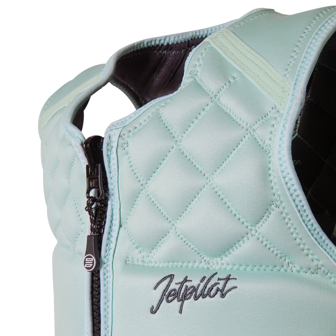 Angle top view outside of the Jetpilot Wave Farer Comp Vest  color_mint-charcoal showing the Zipper