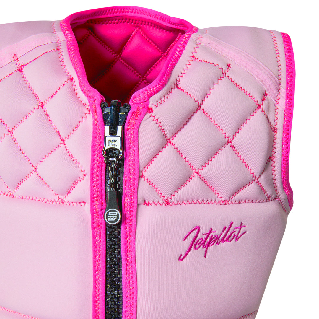 Front top view inside of the Wave Farer comp vest in the color pink showing the Zipper