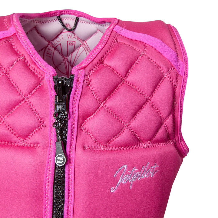 Front  top view outside of the Wave Farer comp vest in the color pink showing the Zipper