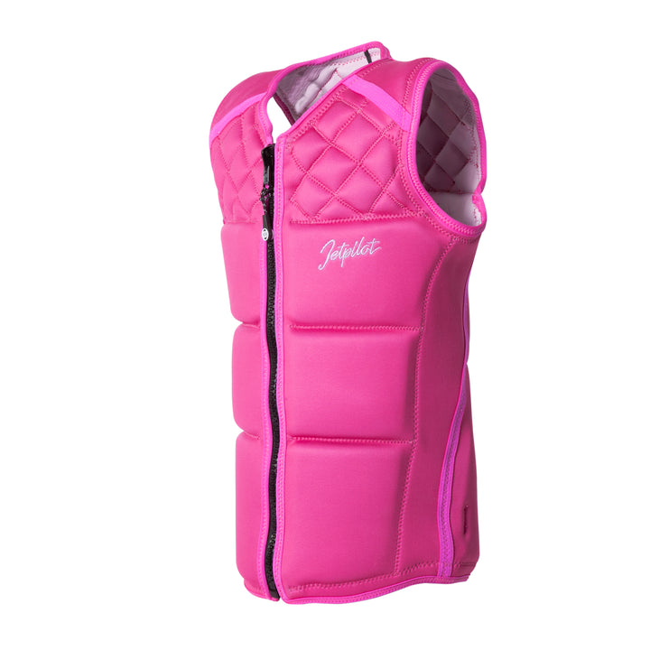 Angle view outside of the Wave Farer comp vest in the color pink