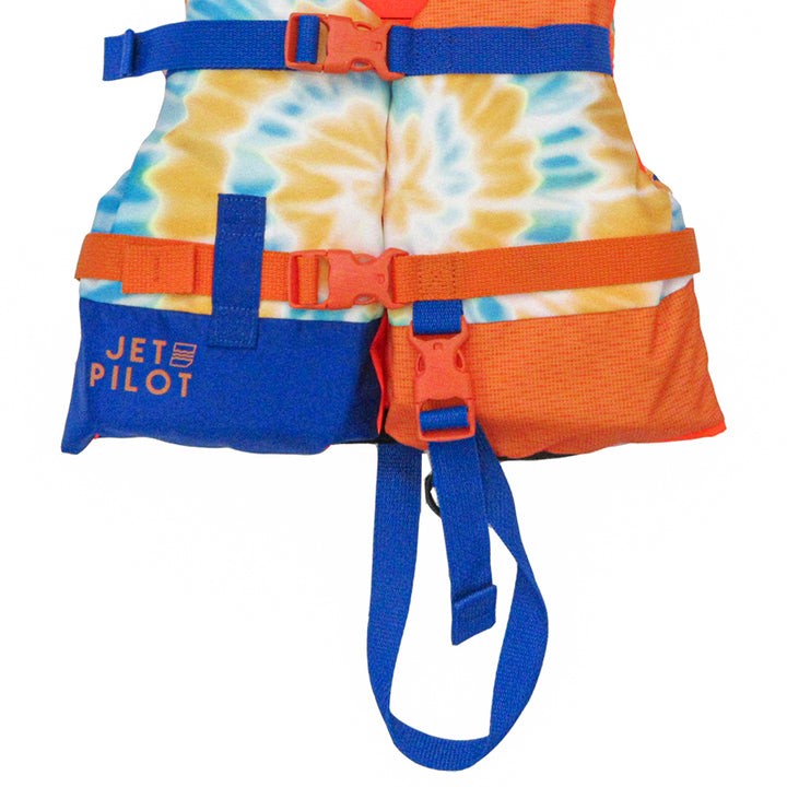 Front bottom view of the Jetpilot infant CGA vest_orange_blue showing the padded strap safety