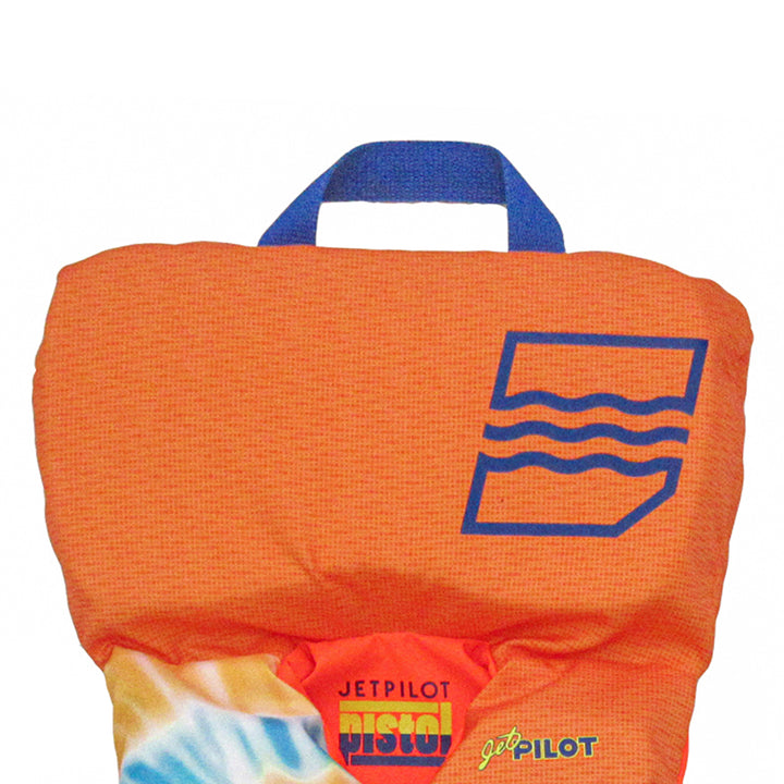 Front top view of the Jetpilot infant CGA vest_orange_blue showing the Pillow for head support