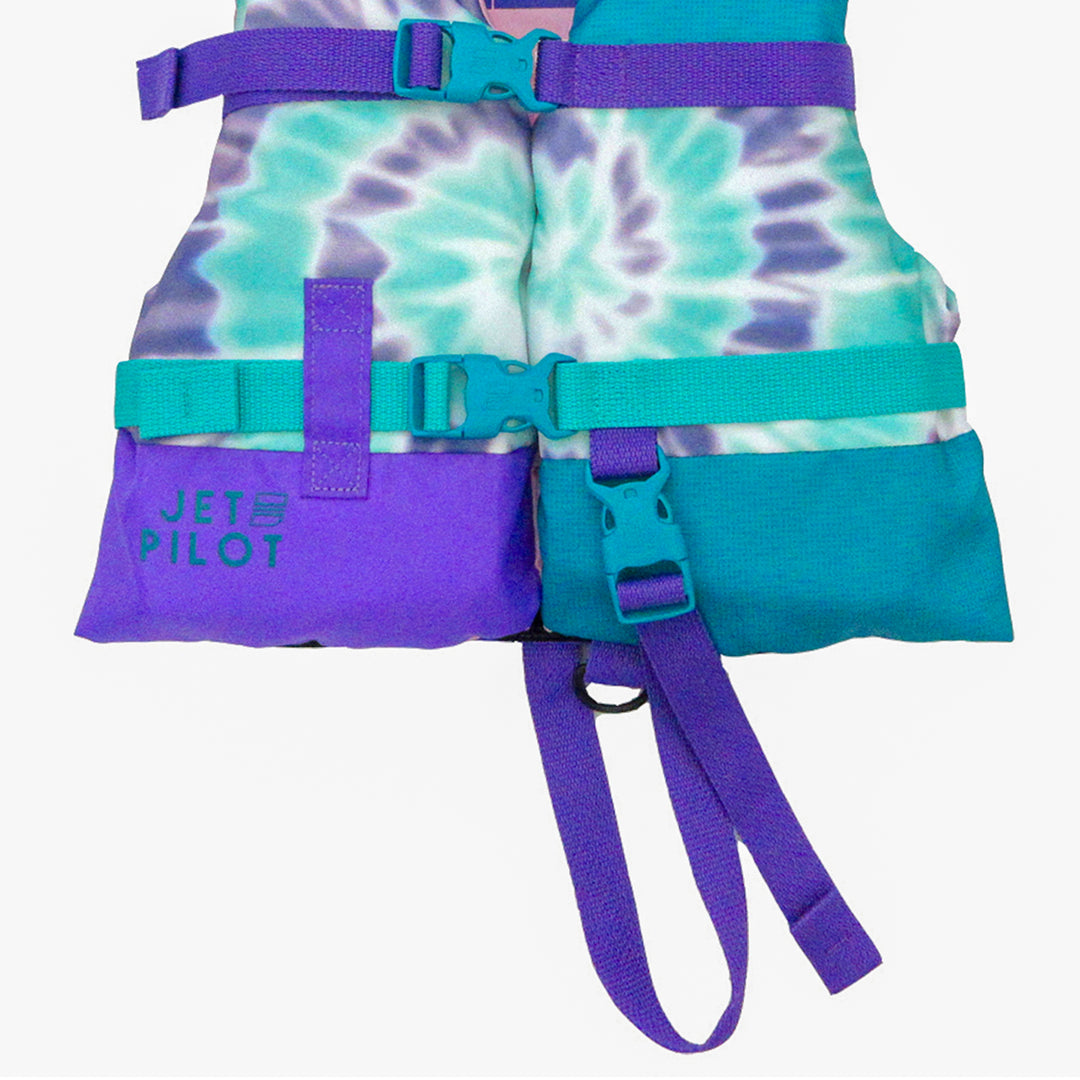 Front bottom view of the Jetpilot infant CGA vest_teal_purple showing the troiple buckle safety