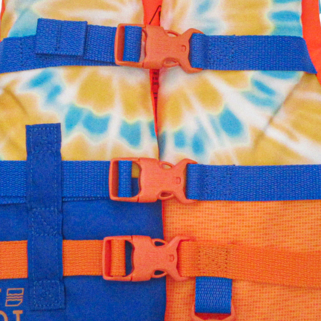 Front bottom  view of the Jetpilot child CGA vest_Orange showing the triple buckles safety