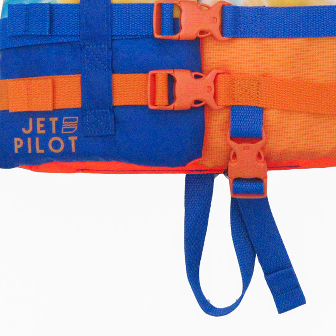 Front bottom view of the Jetpilot child CGA vest_Orange showing the undercarriage strap