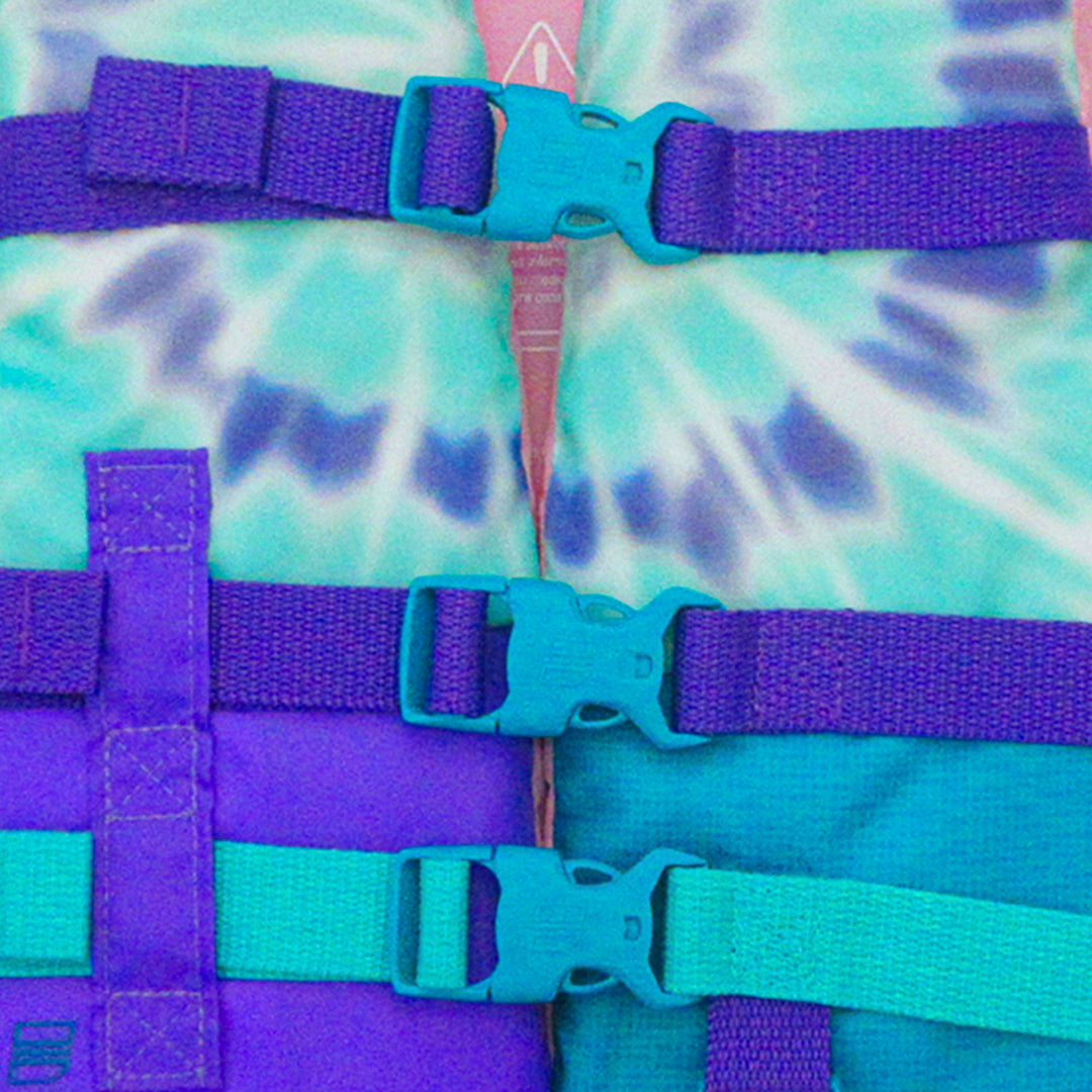 Front bottom view of the Jetpilot child CGA vest_Teal triple buckle design for safety