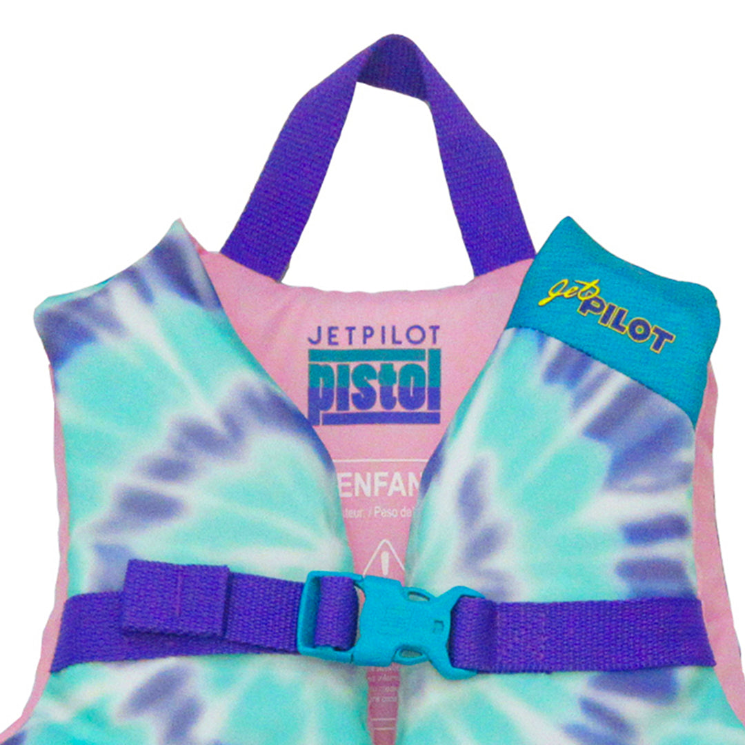 Front top view of the Jetpilot child CGA vest_Teal showing the neck life strap