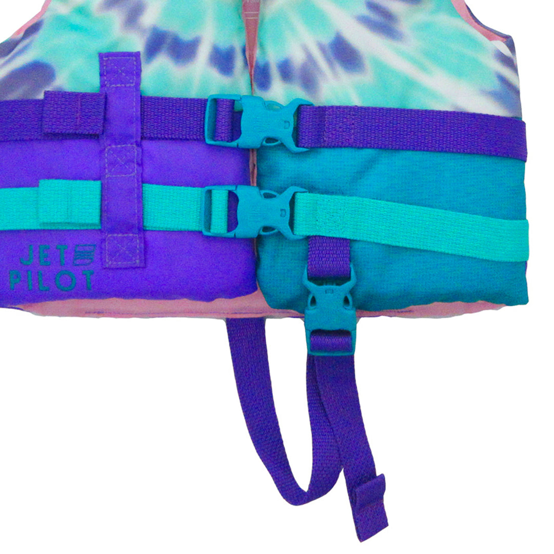 Front bottom view of the Jetpilot child CGA vest_Teal showing the undercarriege strap