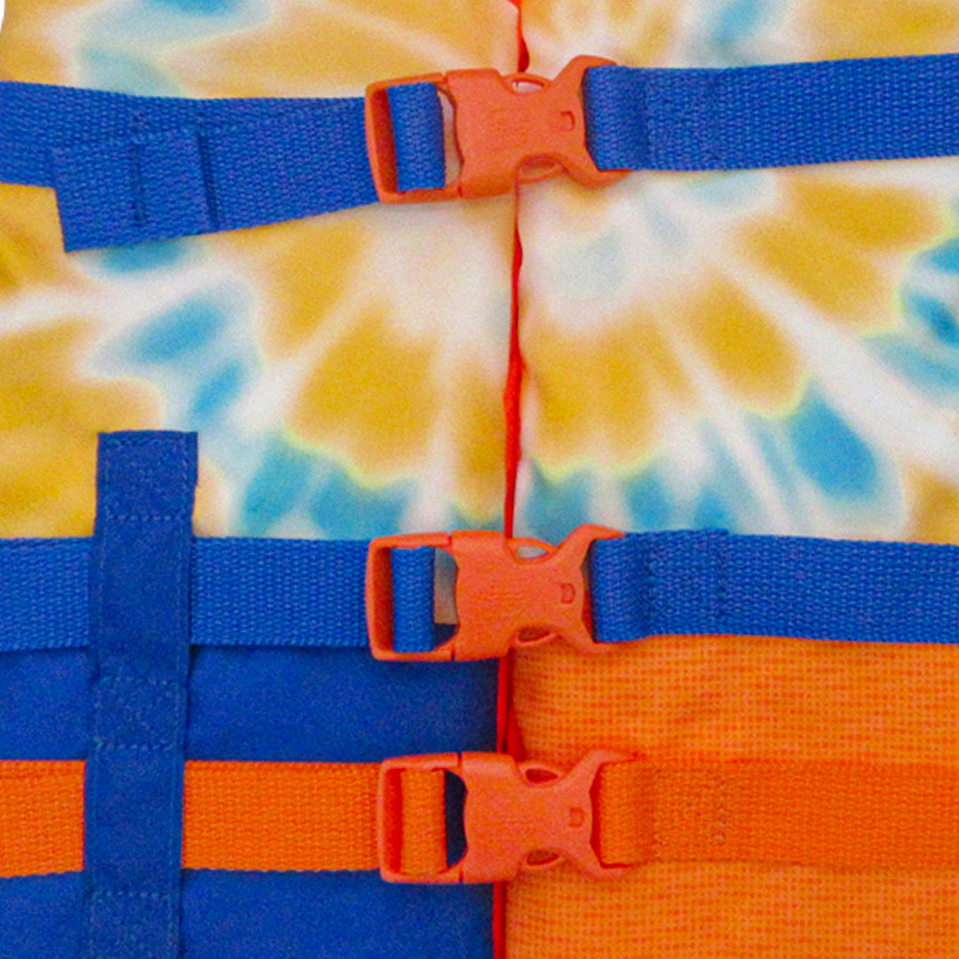 Front bottom view of the youth Jetpilot Pistol CGA vest Orange Blue showing the triple buckle design