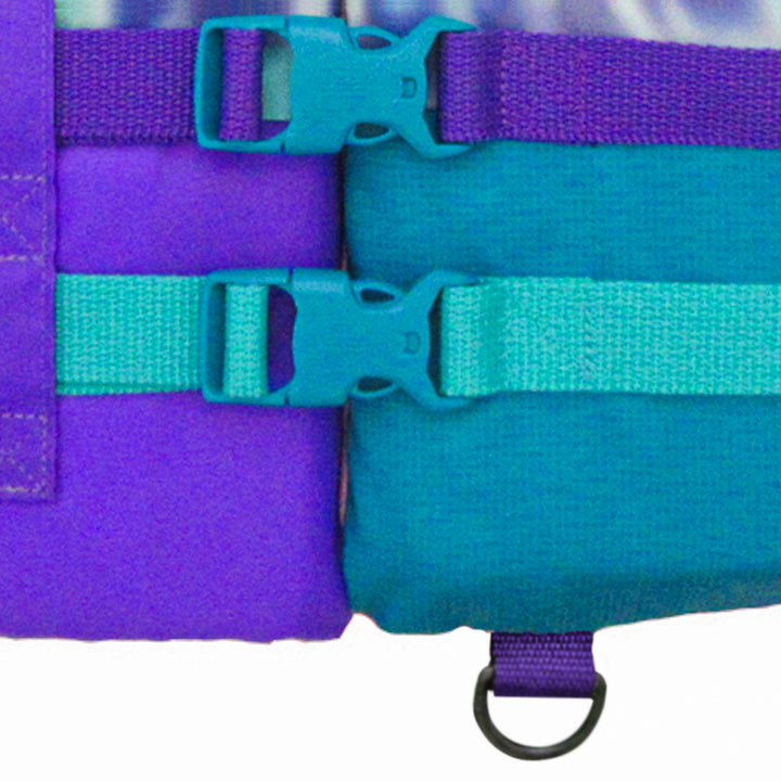 Front bottom view of the youth Jetpilot Pistol CGA vest Teal Purple showing the D ring