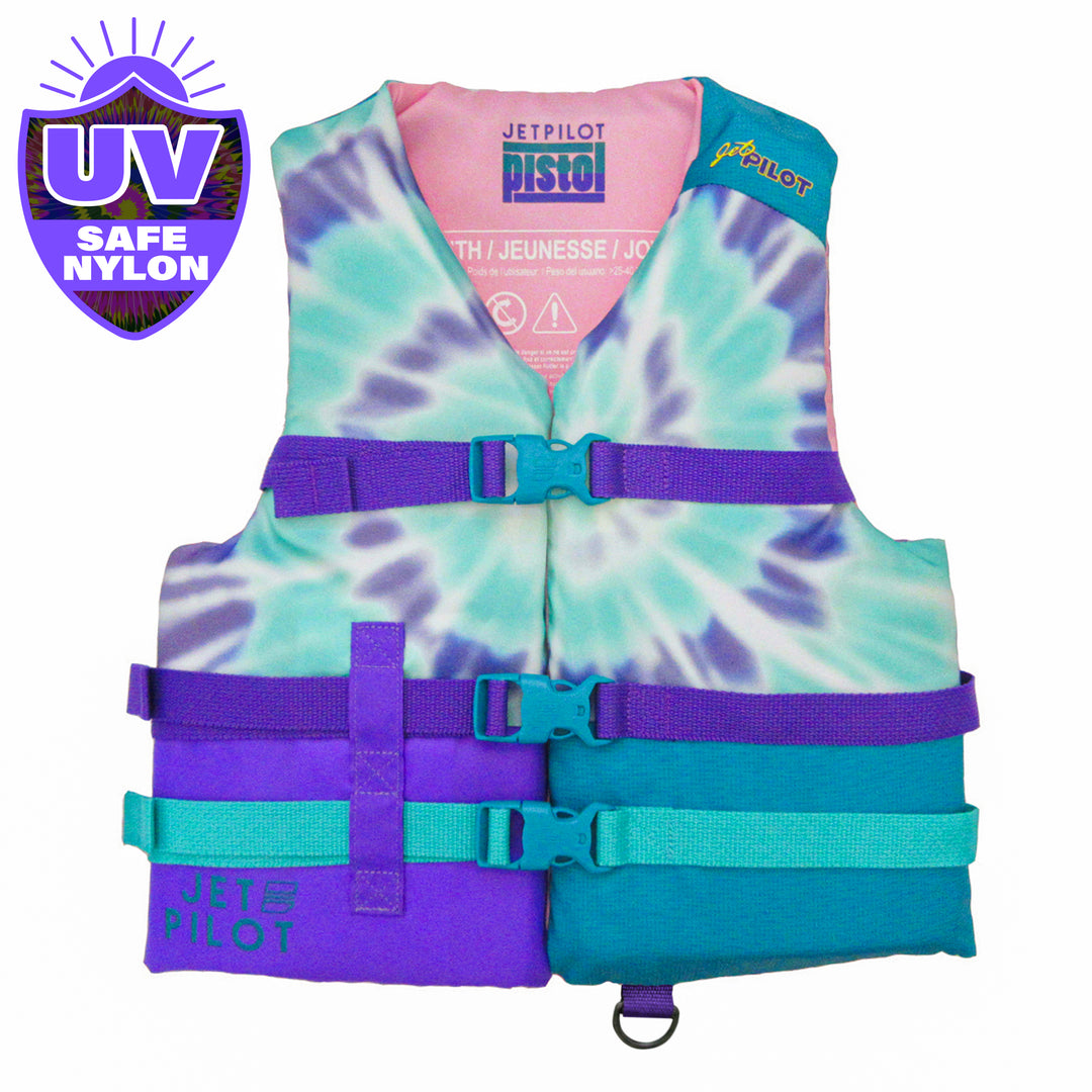 Front view of the youth Jetpilot Pistol CGA vest Teal Purple UV nylon Protection