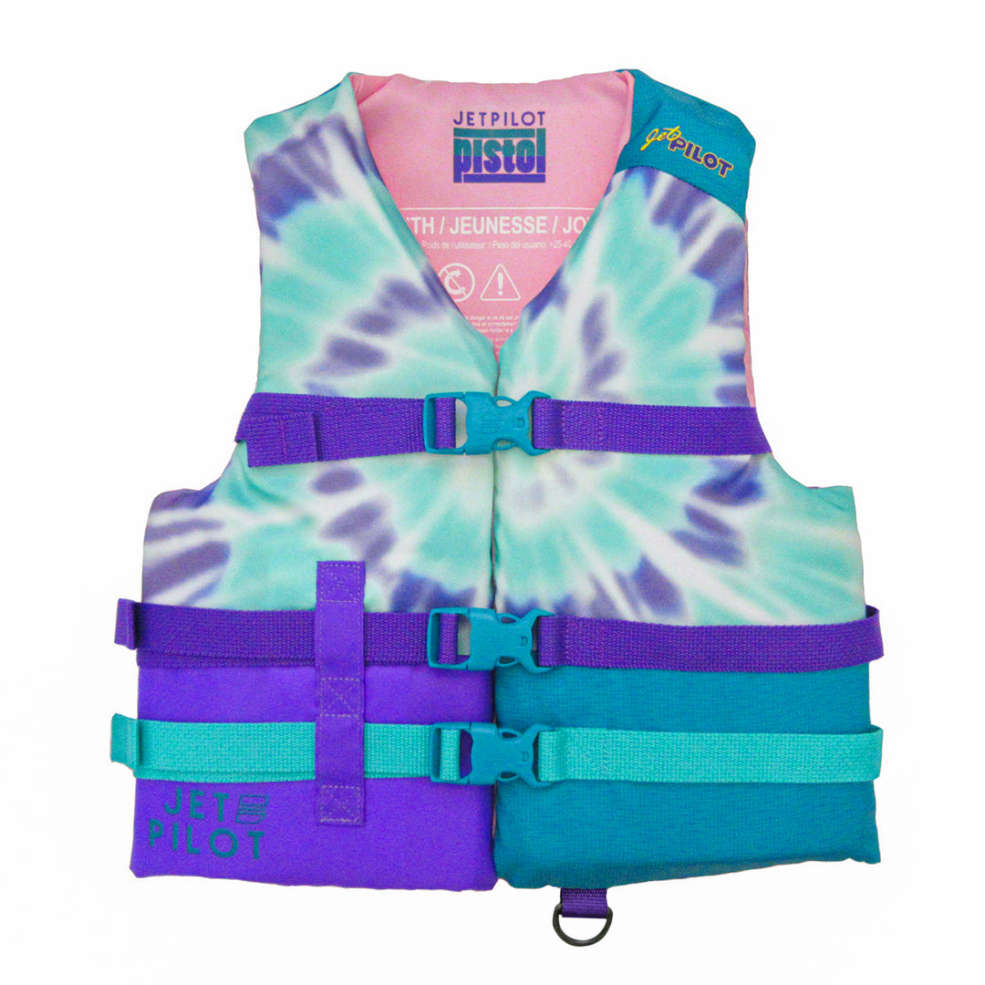 Front view of the youth Jetpilot Pistol CGA vest Teal Purple