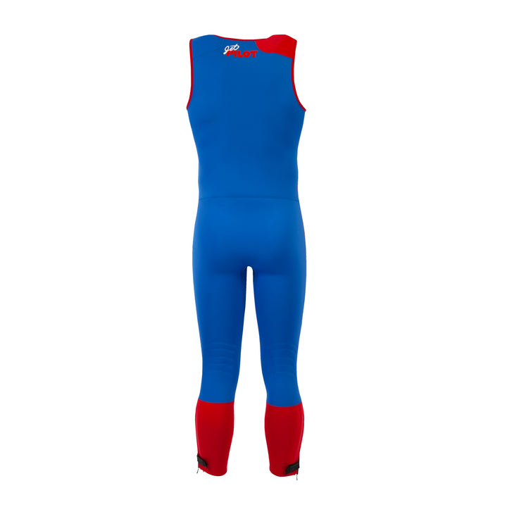 Rear view of the Jetpilot Vintage Class Racer John wetsuit. #color_red-blue