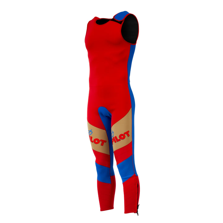 Side view of the Jetpilot Vintage Class Racer John wetsuit. #color_red-blue