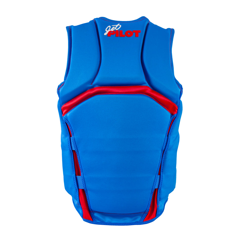 Rear view of the Jetpilot Vintage Class Front Zip CGA vest. #color_red-blue