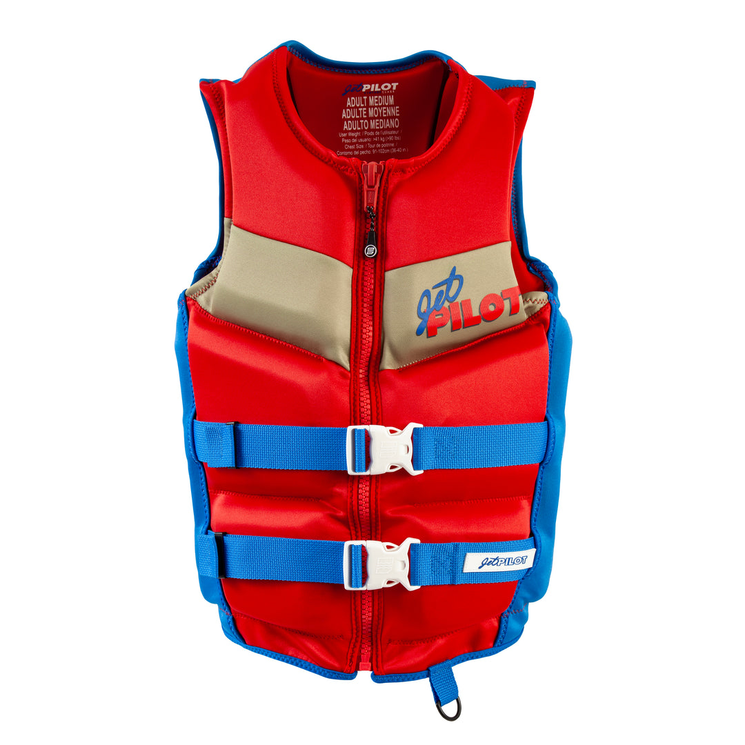 Front view of the Jetpilot Vintage Class Front Zip CGA vest. #color_red-blue
