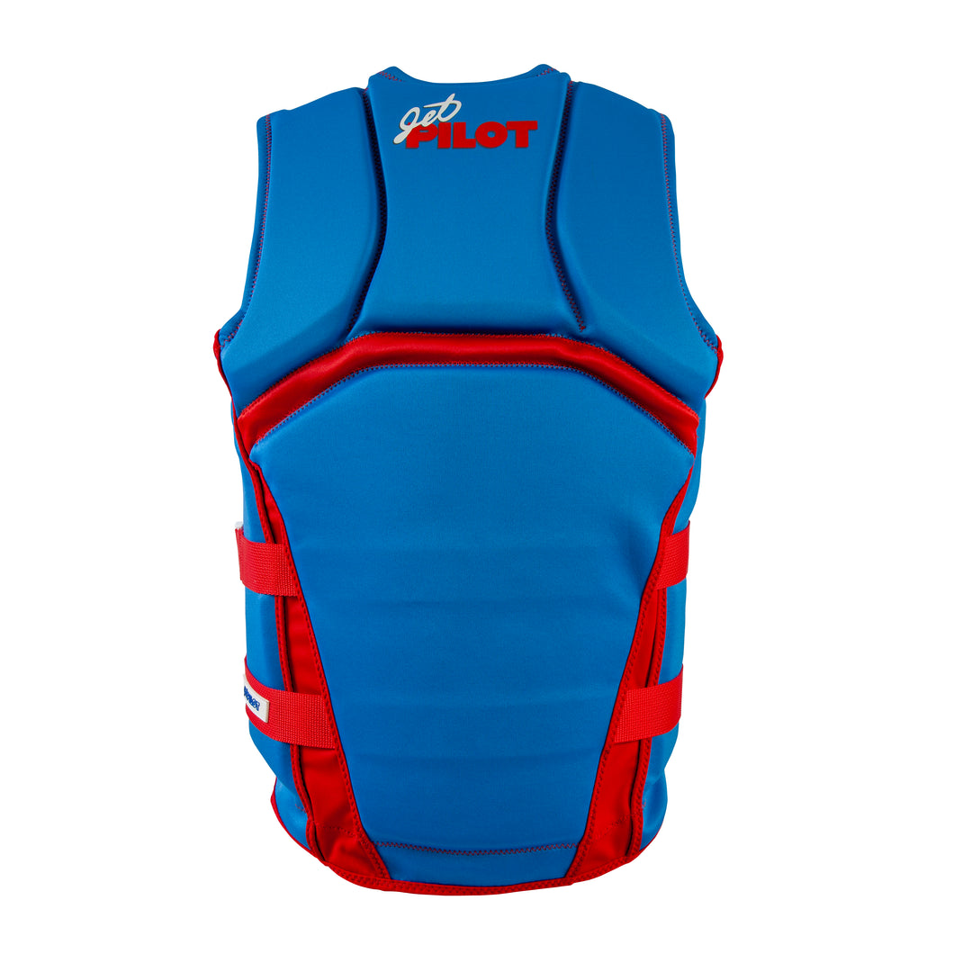 Rear view of the Jetpilot Vintage Class Neoprene CGA vest. #color_red-blue