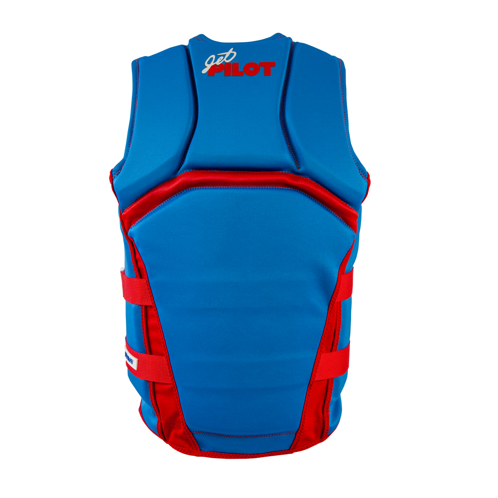 Rear view of the Jetpilot Vintage Class Neoprene CGA vest. #color_red-blue