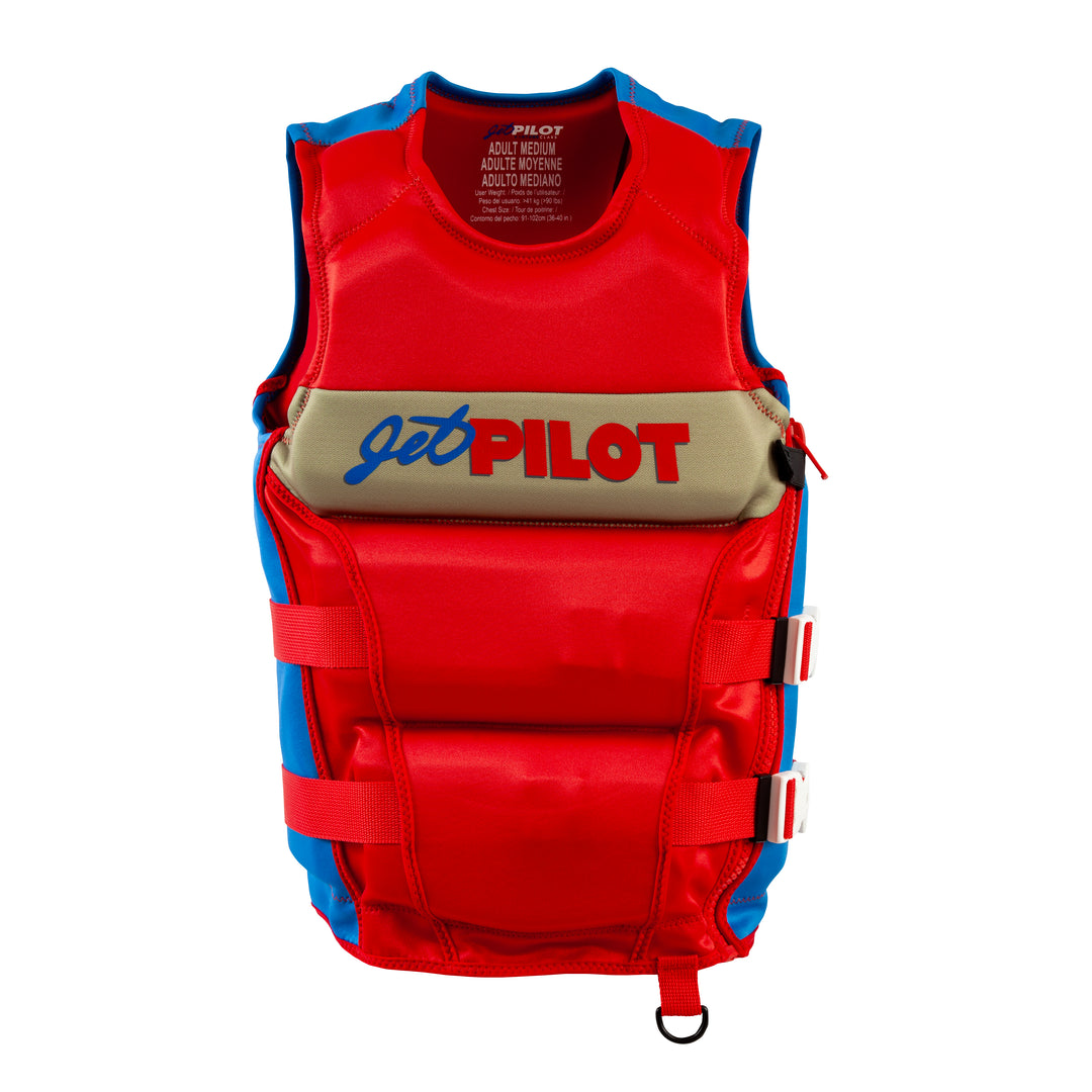 Front view of the Jetpilot Vintage Class Neoprene CGA vest. #color_red-blue
