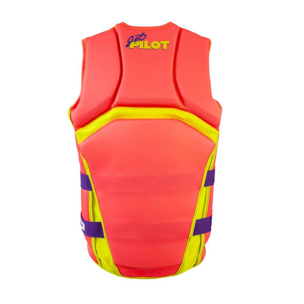 Rear view of the Jetpilot Vintage Class Neoprene CGA vest. #color_neon-pink