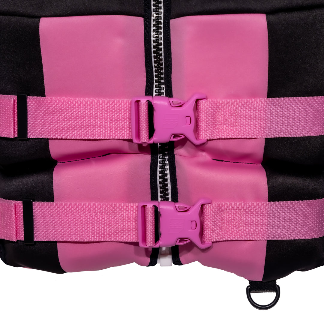 Front view of the Jetpilot Women's Cause CGA Vest buckles. #color_pink