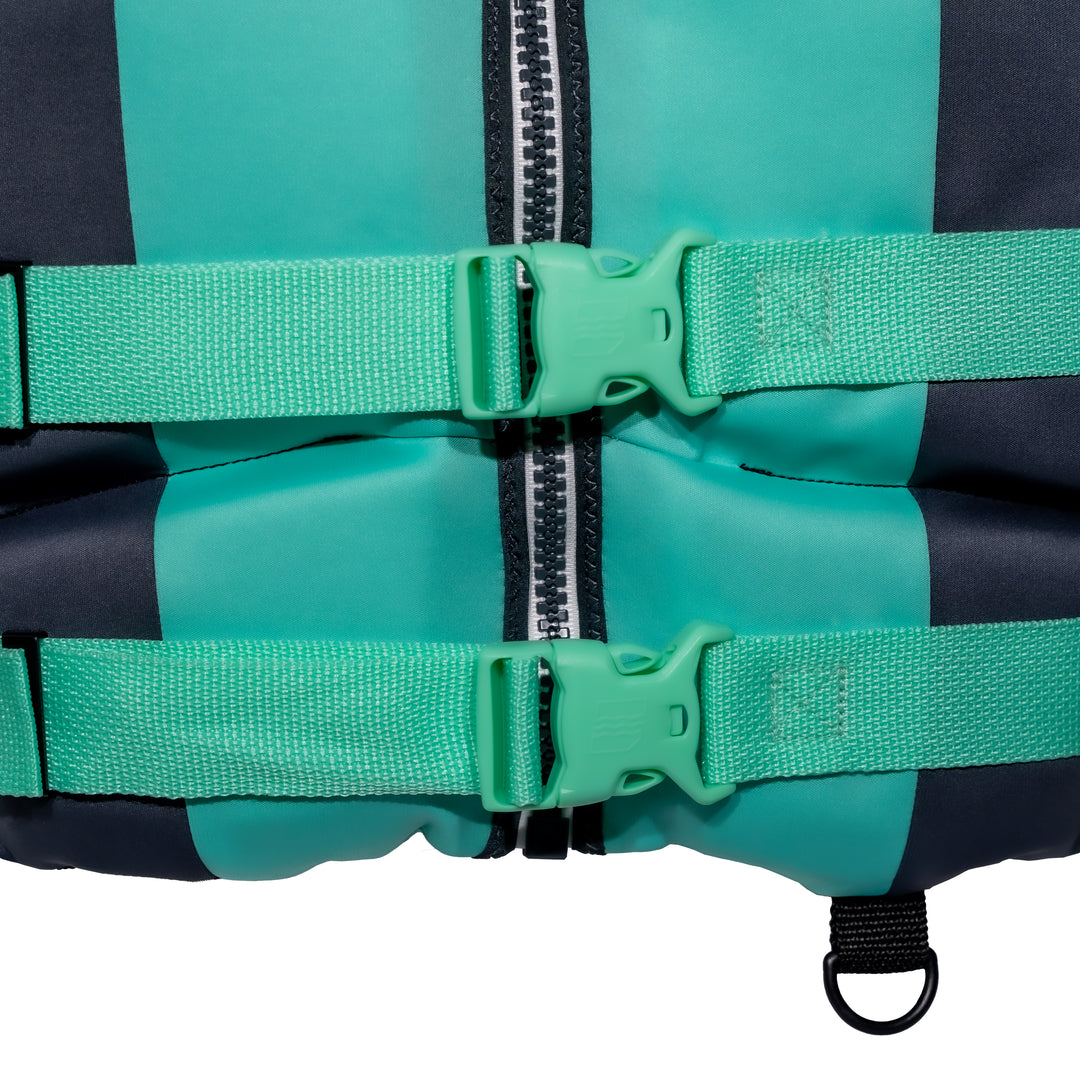 Front view of the Jetpilot Women's Cause CGA Vest buckles. #color_teal