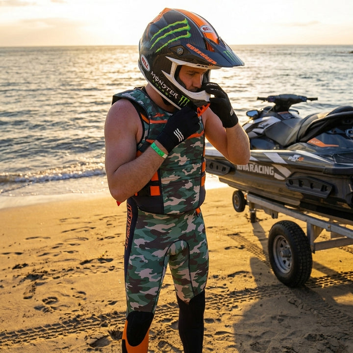 Person in racing gear with helmet and goggles on a beach with a jet ski in the background. #color_black