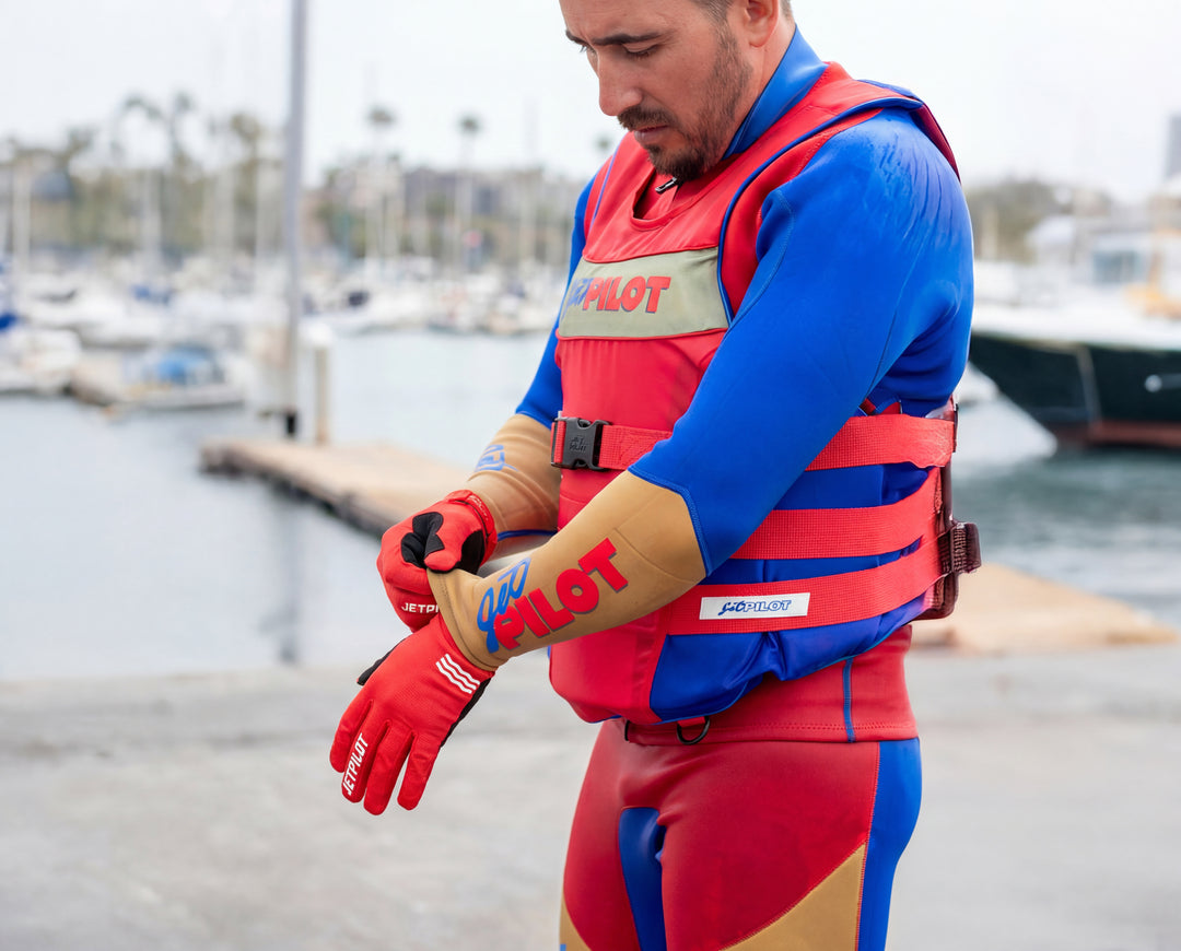 Person wearing a red and blue life jacket and gloves with 'Pilot' branding by a marina. #color_red