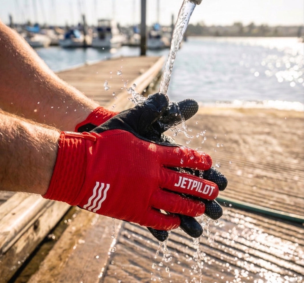 Person washing hands with water from a hose, wearing red and black gloves with 'JETPILOT' branding, on a wooden dock by water. #color_red