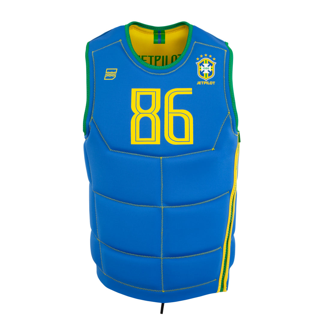 Blue life vest with yellow accents and number 86 on a white background #color_yelbrz