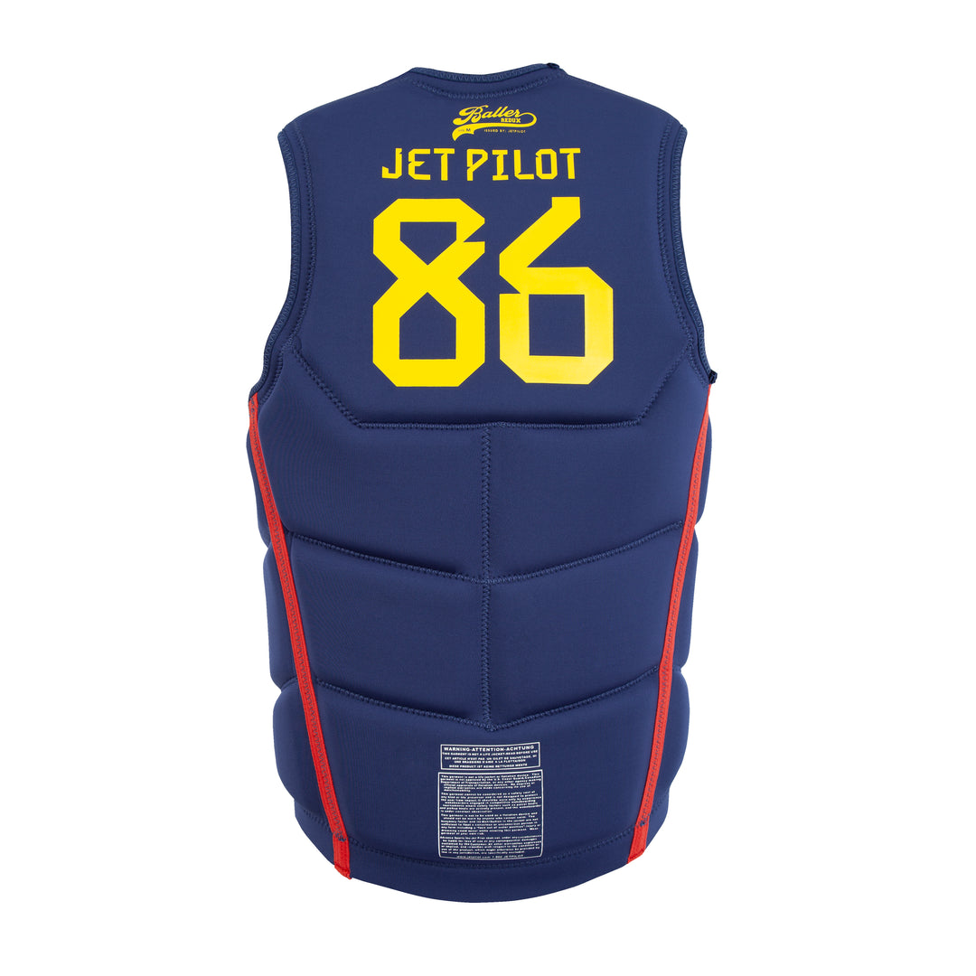 Blue life vest with yellow text and red accents on a white background #color_redspn