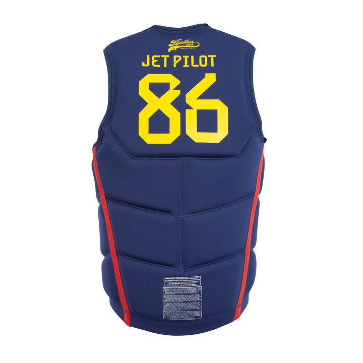 Blue life vest with yellow text and red accents on a white background #color_redspn
