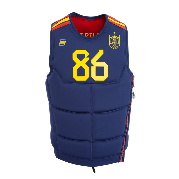 Blue life vest with yellow number 86 on a white background #color_redspn
