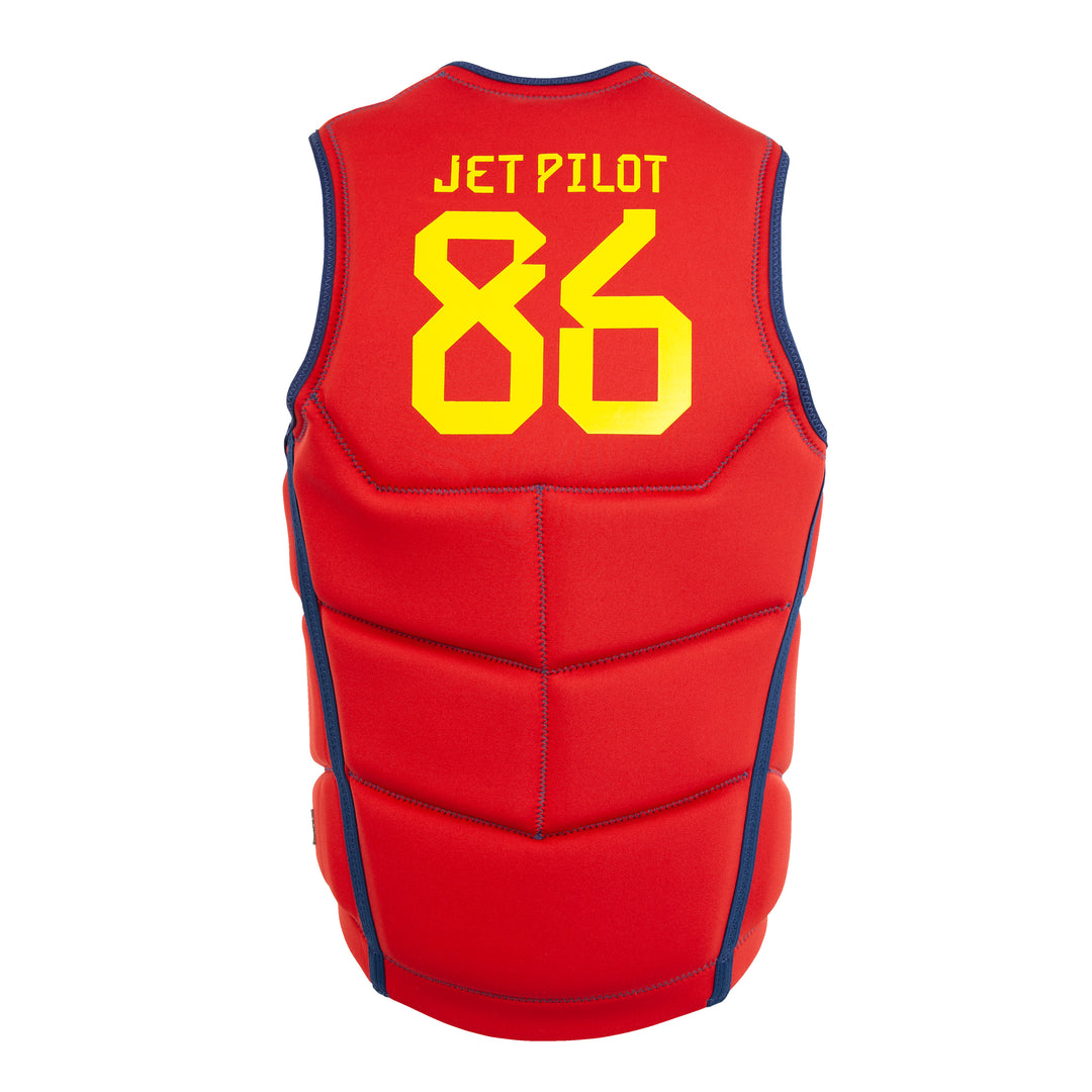 Red life vest with 'Jet Pilot' and '86' printed on the back against a white background #color_redspn
