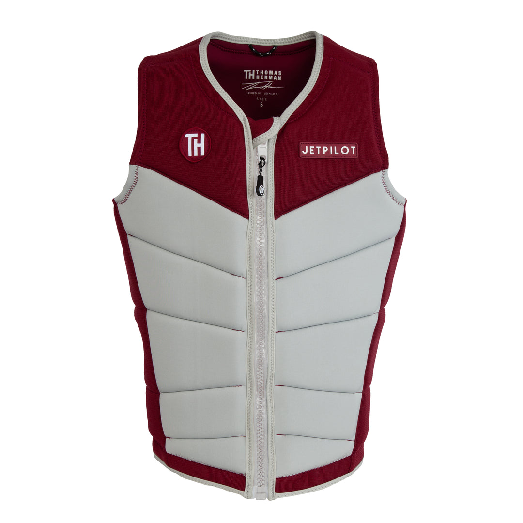Front view of the Jetpilot Thomas Herman Comp vest. #color_burgundy