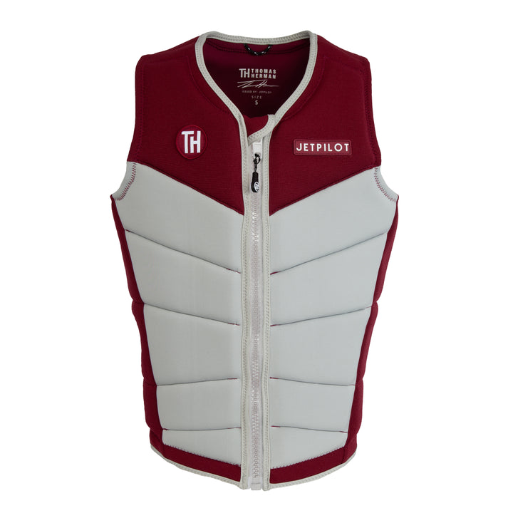 Front view of the Jetpilot Thomas Herman Comp vest. #color_burgundy