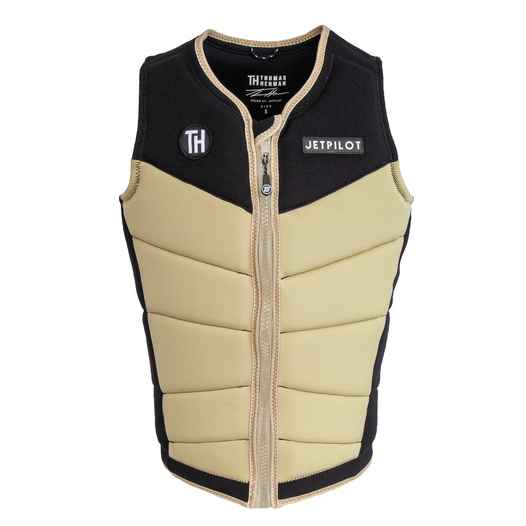 Front view of the Jetpilot Thomas Herman Comp vest. #color_khaki